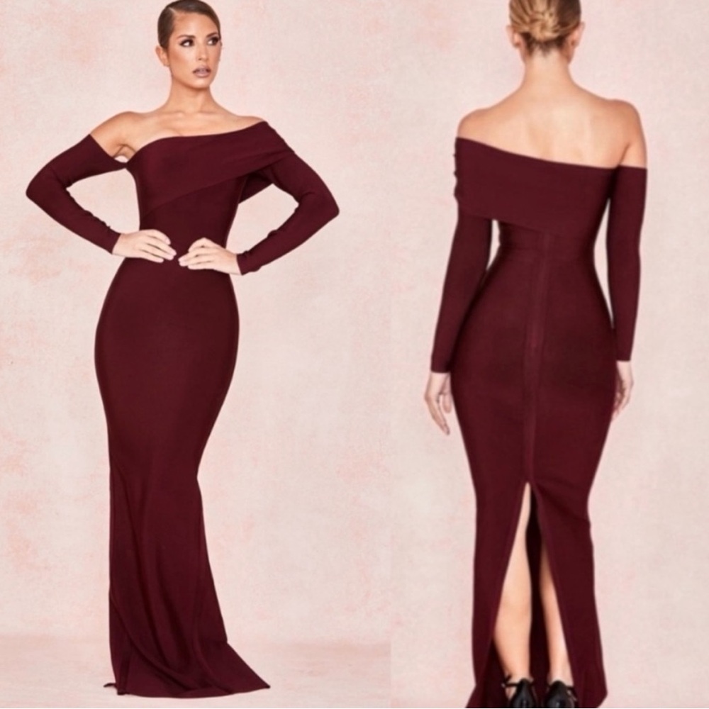 House of CB Elegant Off-Shoulder Burgundy Dress